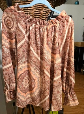 BELLE + SKY Blouse Top Women's Size L  Multi Pink Brown  preowned Long Sleeve - Image 1 of 4