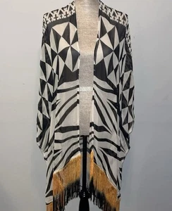 Weiche Umrandung PL/PXL Kimono Überwurf Tier geometrisches Blatt schwarz Fransen - Bild 1 von 8
