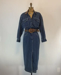 Vintage 80’s AMI Denim And Leather Full Length Maxi Dress Size 4 Western Retro - Picture 1 of 6