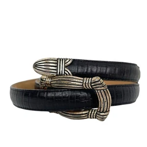 Vintage 90s Brighton Black Croc Embossed Leather Belt Silver Buckle Size 28 USA - Picture 1 of 15