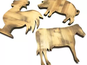 3 RIESIGE 3D Holz Tier Bauer Karikatur Handarbeit Kuh Schwein & Hahn (VINTAGE) - Bild 1 von 10