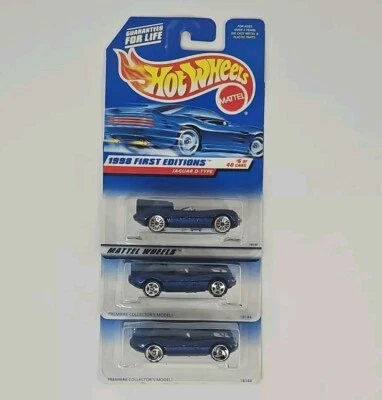 3x Hot Wheels 1998 First Editions Error Card #6 Jaguar D-Type 3 Wheel Variations - Image 1 of 4