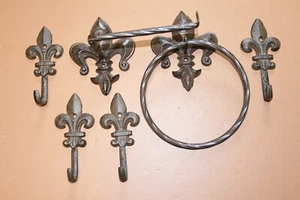 Vintage Style Fleur De Lis Bathroom Accessory Set Front Cast Iron, French Lily 6 - Picture 1 of 12
