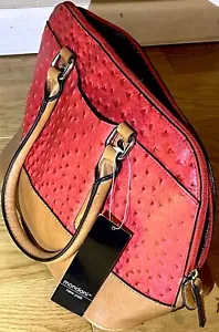BRAND NEW Mondani Myles Ostrich Strawberry Red Cognac Satchel Handbag NWT Purse - Picture 1 of 9