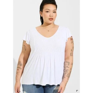 Torrid 2X Swing Tee Ruffle Babydoll Top White Lace Yoke Flutter Sleeve Soft Knit - Picture 1 of 11