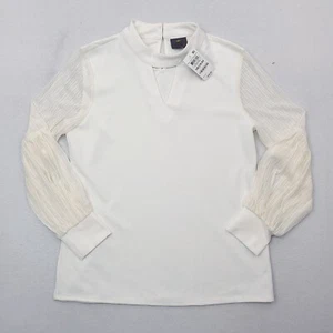JM Collection Shirt Womens Medium Cream Mesh Balloon Sleeve Keyhole Blouse - Picture 1 of 14