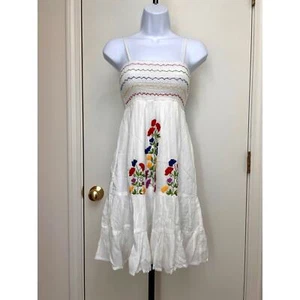Raga White Spaghetti Strap Smocked Floral Embroidered Boho Summer Dress Sz XS - Picture 1 of 9