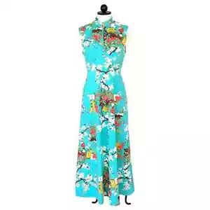 Vintage 60er - 70er Jahre türkis asiatischer Stil Kirschblüte Maxikleid ärmellos - Bild 1 von 13