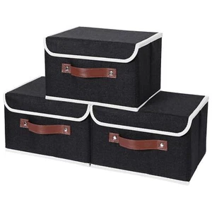 Storage Bins With Lids Decorative Storage Boxes With Pu Leather Handle 3 Pack Co - Picture 1 of 8