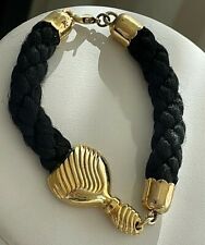 Ted Lapidus Paris Bracelet Textured Gold Plating & Black Rope French Chic c1980s