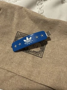 Gucci Barrette Hair Clip Adidas Logo Stone Blue Used From USA - Picture 1 of 2