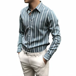 Herren Chic Formelle Streifen Freizeit Hemd Business Arbeit Lang Arm Kragen Top - Bild 1 von 15