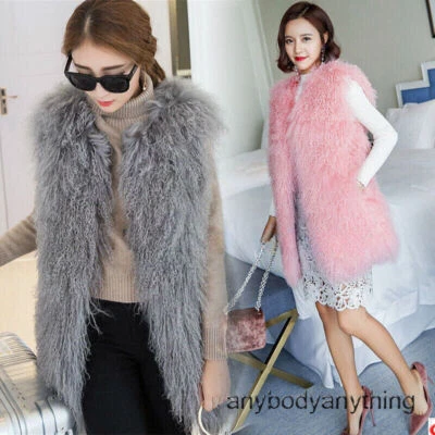 Women 100% Real Mongolian Lamb Fur Vest Curly Long Fur Waistcoat Sleeveless Coat - Image 1 of 4