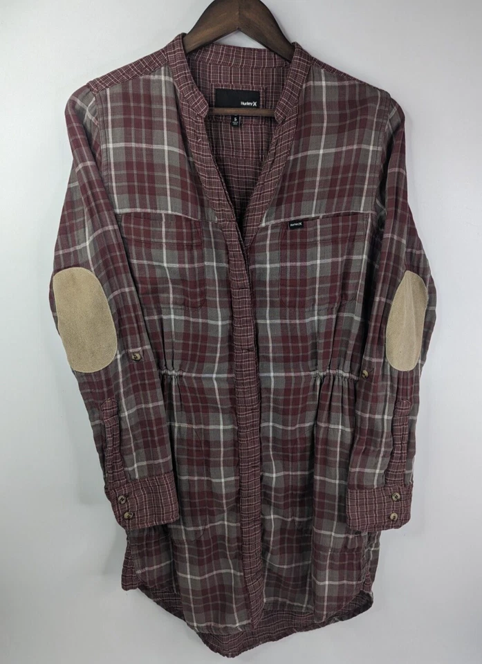 Hurley Button Maroon Plaid Small Dress w/Elbow Patches V-Neck Tunic Zip Pockets - Image 1 of 4