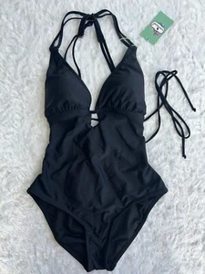NWT Black One Piece Swimsuit Sexy Lace Up Back Strappy - Small - Picture 1 of 3