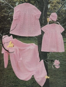 Baby Knitting Pattern layette copy Shawl Dress Jacket Bonnet Bootees 3 Ply - Picture 1 of 3
