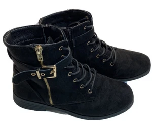 Wild Diva Lounge Womens Size 10M Black Suede Ankle Boots Zip N Lace Gold Trim - Picture 1 of 12