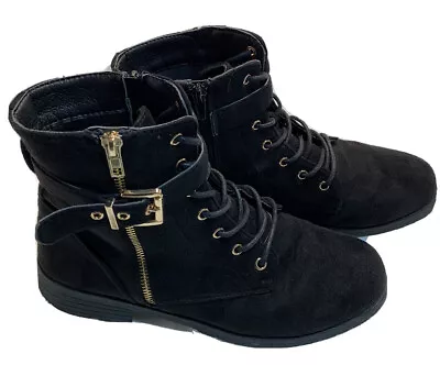 Wild Diva Lounge Womens Size 10M Black Suede Ankle Boots Zip N Lace Gold Trim - Image 1 of 4
