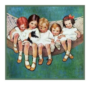 Jessie Willcox Smith Girls Kitten Hammock Counted Cross Stitch Chart Pattern - Picture 1 of 3