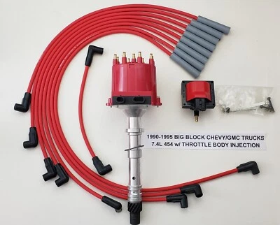 1990-1995 CHEVY/GMC TRUCKS 7.4L 454 TBI DISTRIBUTOR + RED Spark Plug Wires +Coil - Image 1 of 2