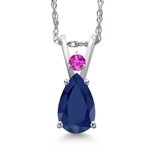 0.94 Ct Pear Shape Blue Sapphire Pink Sapphire 14K White Gold Pendant with Chain - Picture 1 of 6