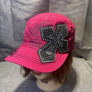 Leader Cross Pink Military Cap Bling Hat Rhinestone Y2K Christian Punk - Picture 1 of 6