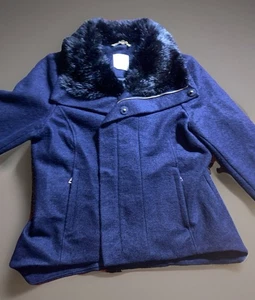 BEBE Mantel Wolle Cropped Kunstfellkragen Blau Vintage XL - Bild 1 von 16