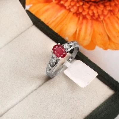 Elegant Ruby Halo Ring Sterling Silver Engagement Gift for Women AnniversaryGift - Image 1 of 4