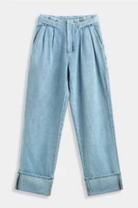 Women's Relaxed Fit Mid Rise Classic 5 Pocket Fold Over Pleated Wide Legs Jeans. - Picture 1 of 7