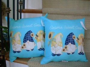 Pair Indoor or Outdoor Powder Blue Gnome Sweet Gnome Motif Poly Throw Pillows - Picture 1 of 9