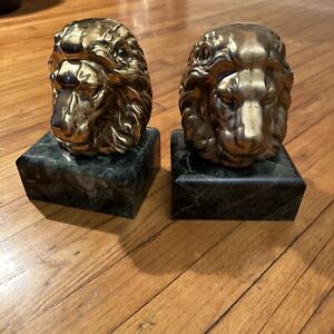 New ListingVintage Brass Lion Heads Green Marble Book Ends by Decorative Crafts