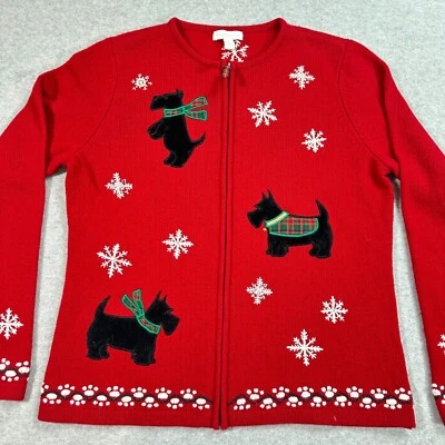 Cárdigan Charter Club Mujer Cremallera Mediano Rojo No Feo Navidad Suéter Scotty Dog Foto 1 de 4