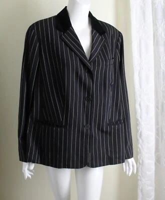 Chaqueta Blazer Ralph Lauren Talla 18W Elegante Negra Lana a Rayas con Cuello Terciopelo 1X Foto 1 de 4