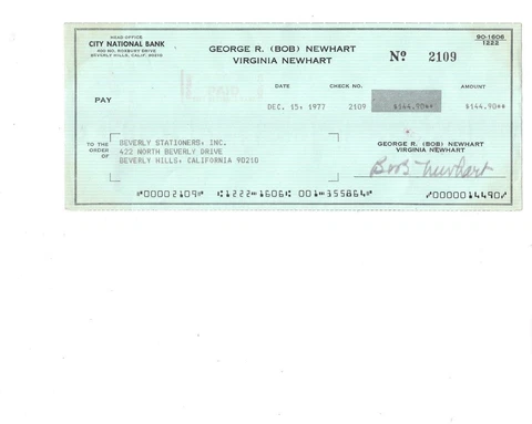 BOB NEWHART HAND SIGNED BUSINESS CHECK FROM 1977+COA         HOLLYWOOD LEGEND Cover