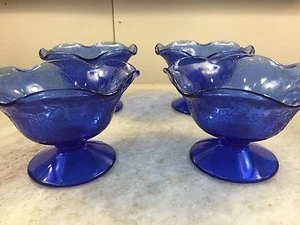 Set of 4 Florentine Poppy #1 Ruffled Comports Cobalt Blue 1932-1935 - Picture 1 of 4