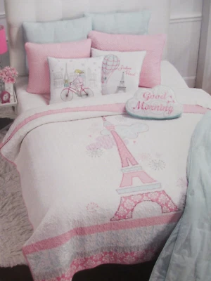 NICOLE MILLER Kids 4pc Eiffel Tower White Pink Floral Quilt Sheet Set - Twin - Image 1 of 4