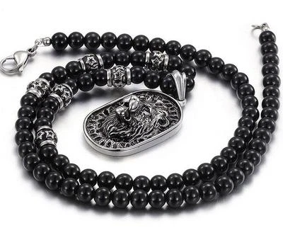 Collar colgante Punk de 28"" con cadena de cuentas de vidrio negro de acero inoxidable para motociclista de león Foto 1 de 4