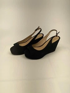 Stuart Weitzman Womens Riviera Suede Black Wedge Slingback Peep Toe Sandal Sz 10 - Picture 1 of 10