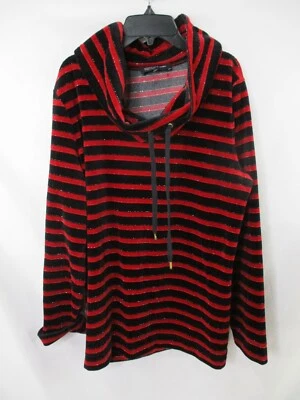 Jones New York Sweatshirt XL Women Red Striped Cotton Black Drawstring Cowl Neck - Image 1 of 4
