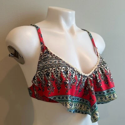 Top de bikini Lucky Brand con volantes halter talla M rojo beige verde azulado patrón cuello en V Foto 1 de 4