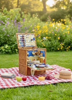 Juego completo de canasta de picnic de mimbre Sutherland vintage para 2 cestas de mochila de los años 70 Foto 1 de 4