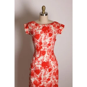 1950s Coral Red Orange Pink White Abstract Short Sleeve Wiggle Dress - Picture 1 of 10