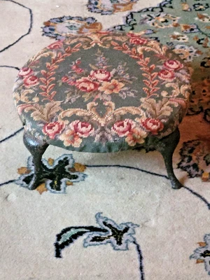 Footstool Cast Iron Needlepoint Tapestry ROSES Low 6" High Foot Rest - Image 1 of 4