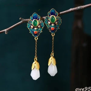 White Natural Jade Flower Earrings Ear Stud Luxury Fashion Accessories - Picture 1 of 3