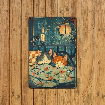 Letrero de hojalata vintage para gatos dormidos - decoración retro de arte de pared para hogar, cocina, dormitorio Foto 1 de 4