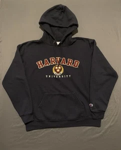 Vintage Harvard University Crest Champion Hoodie Mens L Navy Embroidered 90s - Picture 1 of 9