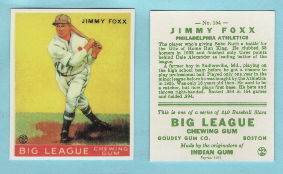1933 Goudey reimpresión de béisbol #154 Jimmy Foxx -- Philadelphia Athletics -- caja 741 Foto 1 de 1