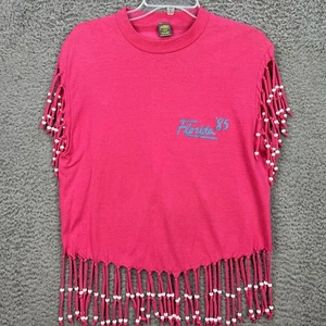 Vtg 1985 Florida T-Shirt Women’s Large Pink White Beaded Retro Beach Casual EUC - Picture 1 of 11