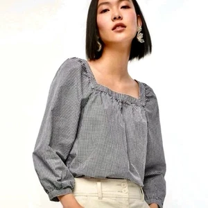 J. Crew Damen schwarz/grau/weiß Gingham Bauernbluse quadratischer Ausschnitt Größe 4 gebraucht, in einwandfreiem Zustand - Bild 1 von 11
