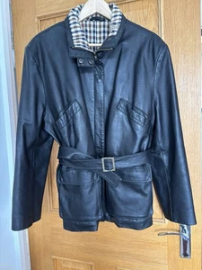 Aquascutum Women's Vintage Leather Jacket Size 16 Black Belted Pockets Lined - Picture 1 of 11